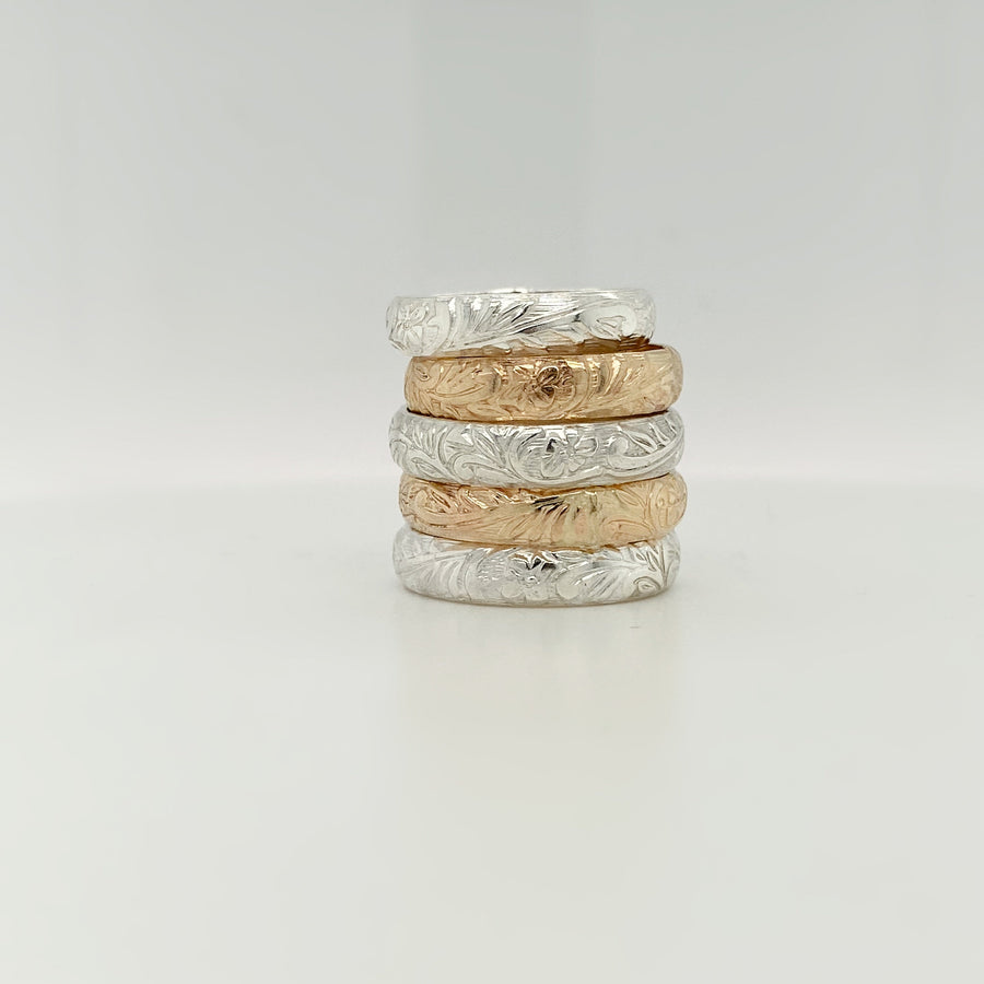 sterling silver floral ring, floral band, gold band, gold stacking ring, gold accent ring, 14k yellow gold filled ring, handmade jewelry