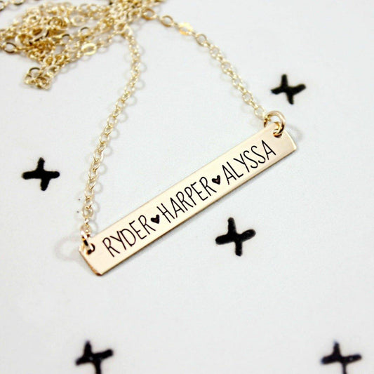 Gold Bar Three Kids Name Necklace - Going Golden